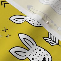 Cool white bunny and geometric arrows spring easter design in gender neutral mustard yellow