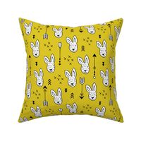 Cool white bunny and geometric arrows spring easter design in gender neutral mustard yellow