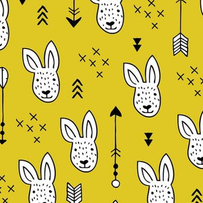 Cool white bunny and geometric arrows spring easter design in gender neutral mustard yellow