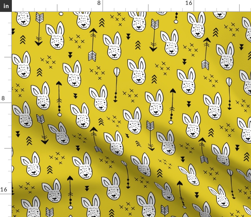 Cool white bunny and geometric arrows spring easter design in gender neutral mustard yellow