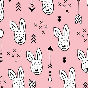 Cool white bunny and geometric arrows spring easter design in soft pastel pink