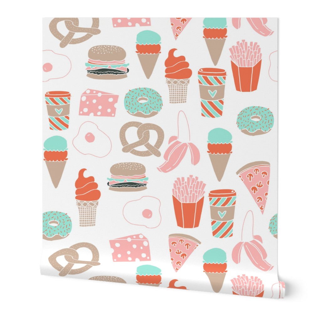 food // cheese french fries pretzel coffee ice cream donut  pastel mint and pink food print