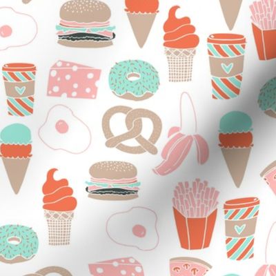 food // cheese french fries pretzel coffee ice cream donut  pastel mint and pink food print