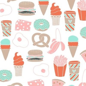 food // cheese french fries pretzel coffee ice cream donut  pastel mint and pink food print