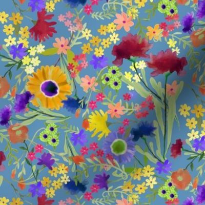 Painterly Floral Pattern on Blue