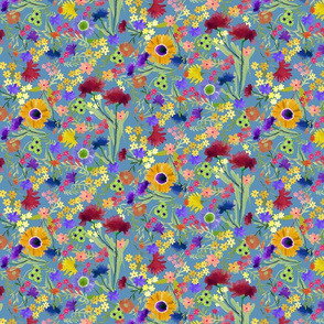 Painterly Floral Pattern on Blue