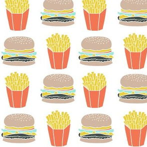 burger and fries fabric // hamburger cheeseburger french fries fries fast food junk food novelty food print