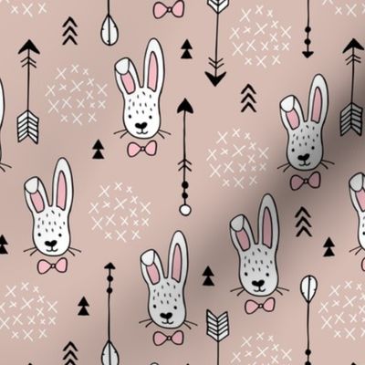 Cool hipster white bunny and geometric arrows spring easter design in gender neutral pastel beige