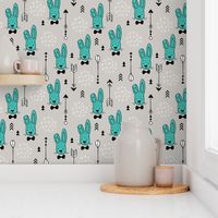 Cool hipster white bunny and geometric arrows spring easter design in gender neutral pastel blue