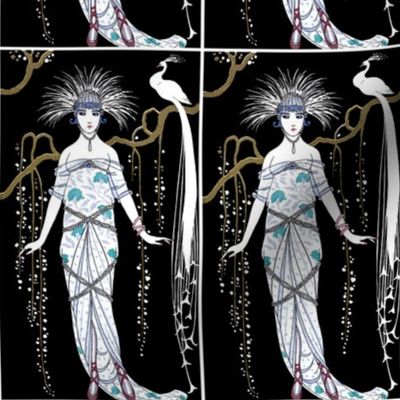 art deco woman lady female trees flowers branches willows peacocks white feathers vintage