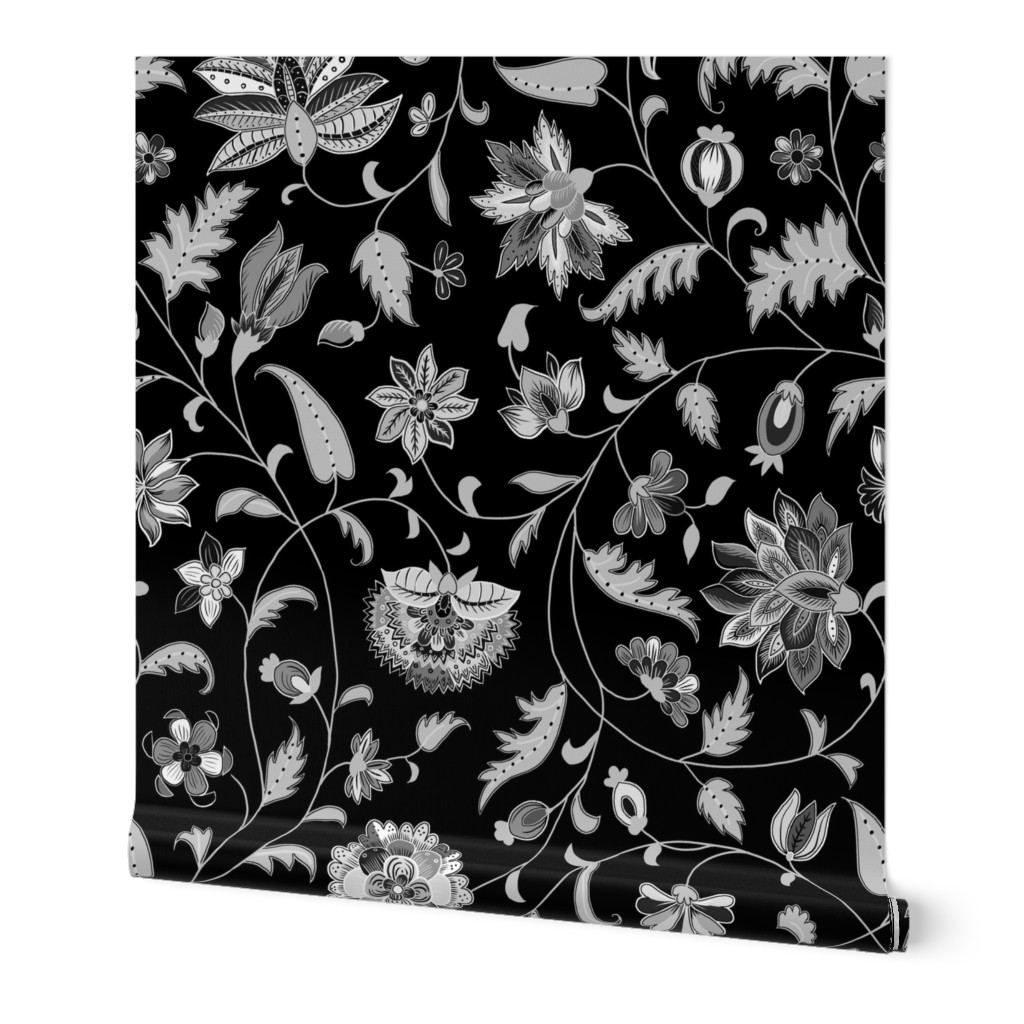 Black and White Colonial Twisting Vines and Flowers - Small Scales