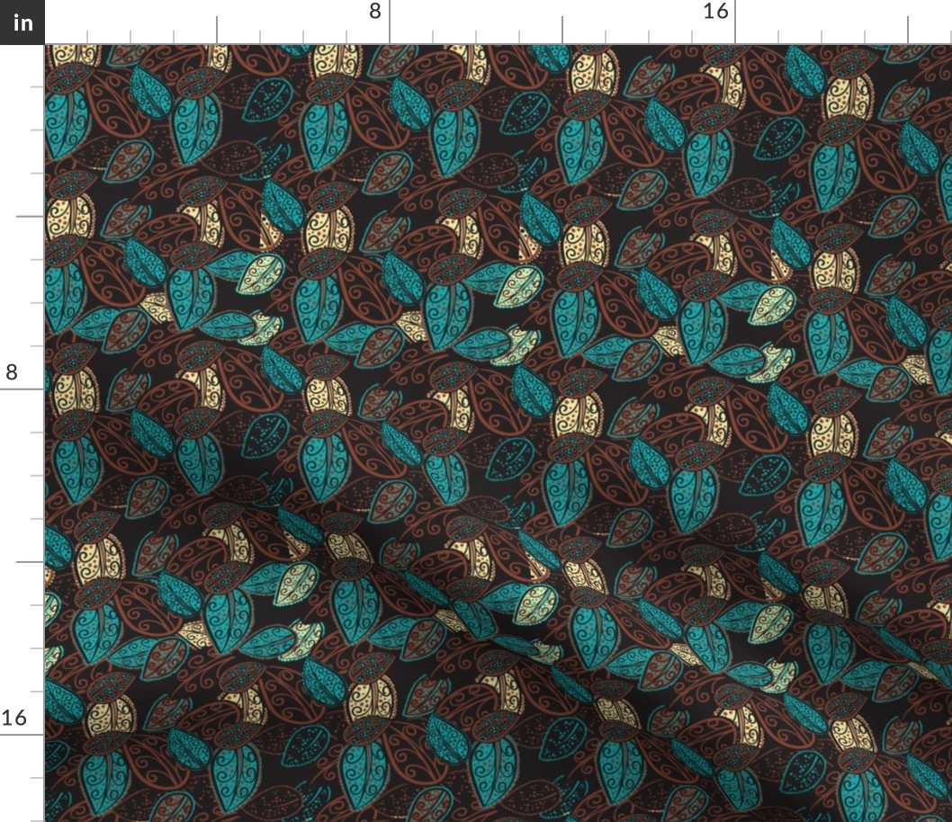 Scattered Paisley Leaves - aqua/brown