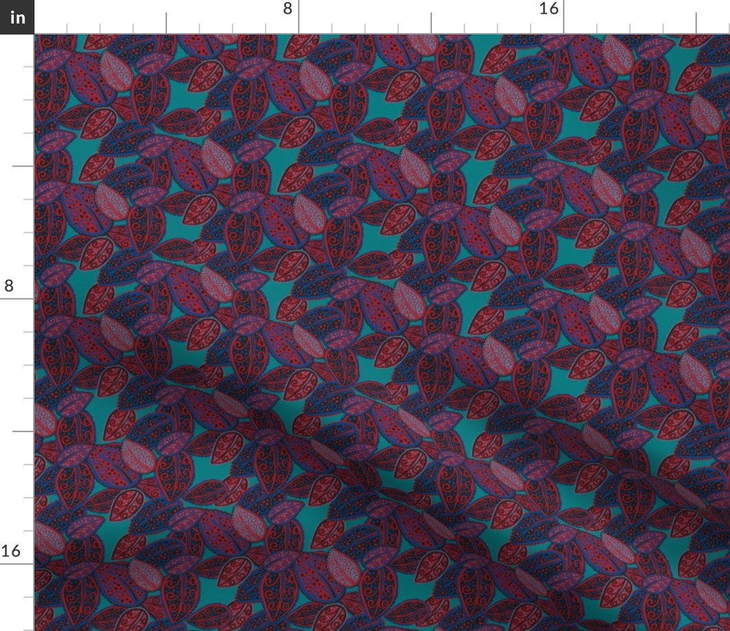 Scattered Paisley Leaves - Red/blue