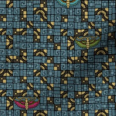 Five Tiles & Butterflies - blue, gold