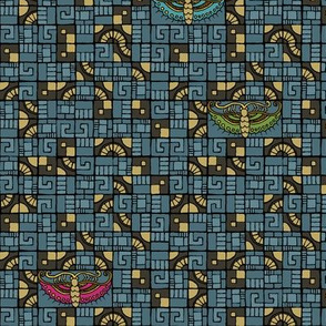 Five Tiles & Butterflies - blue, gold