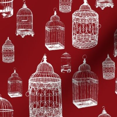 Antique Bird Cages - White on Maroon