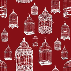 Antique Bird Cages - White on Maroon