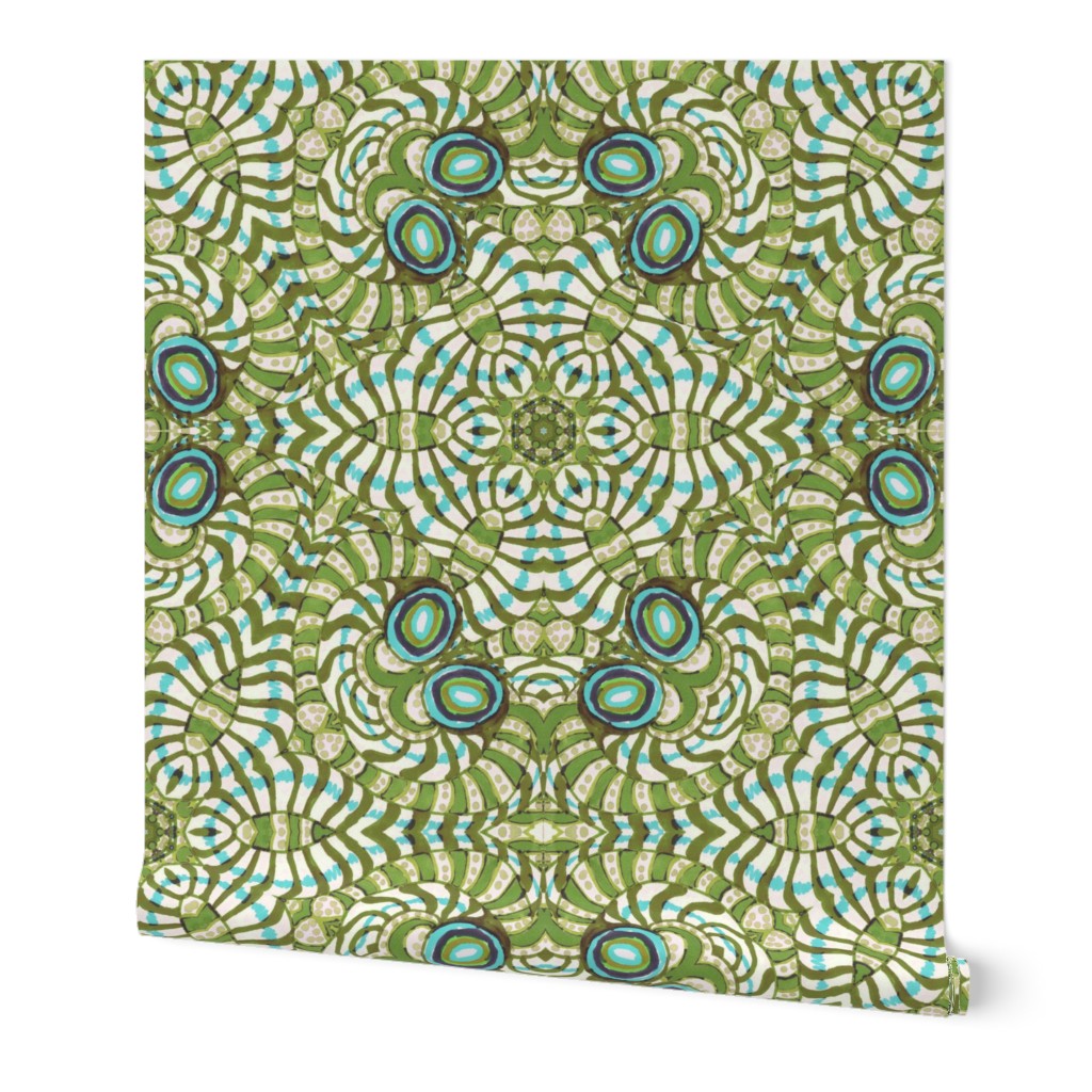 Olive and Aqua Green Kaleidoscope Stripes and Dots