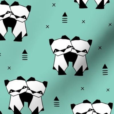 Origami animals cute panda geometric triangle and scandinavian style print black and white mint
