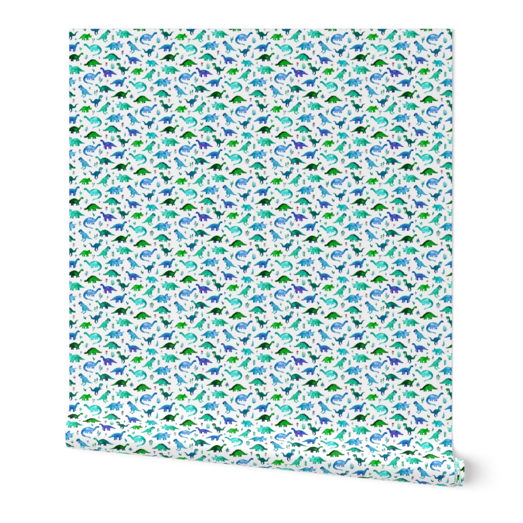 Tiny Dinos in Blue and Green on White Small Print