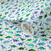 Tiny Dinos in Blue and Green on White Small Print