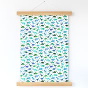 Tiny Dinos in Blue and Green on White Small Print