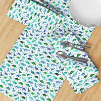 Tiny Dinos in Blue and Green on White Small Print