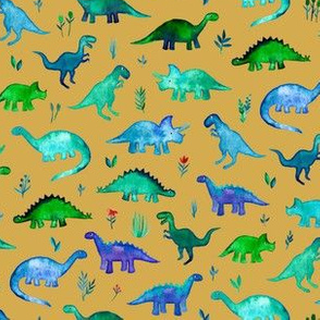 Tiny Dinos in Blue and Green on Mustard Small Print