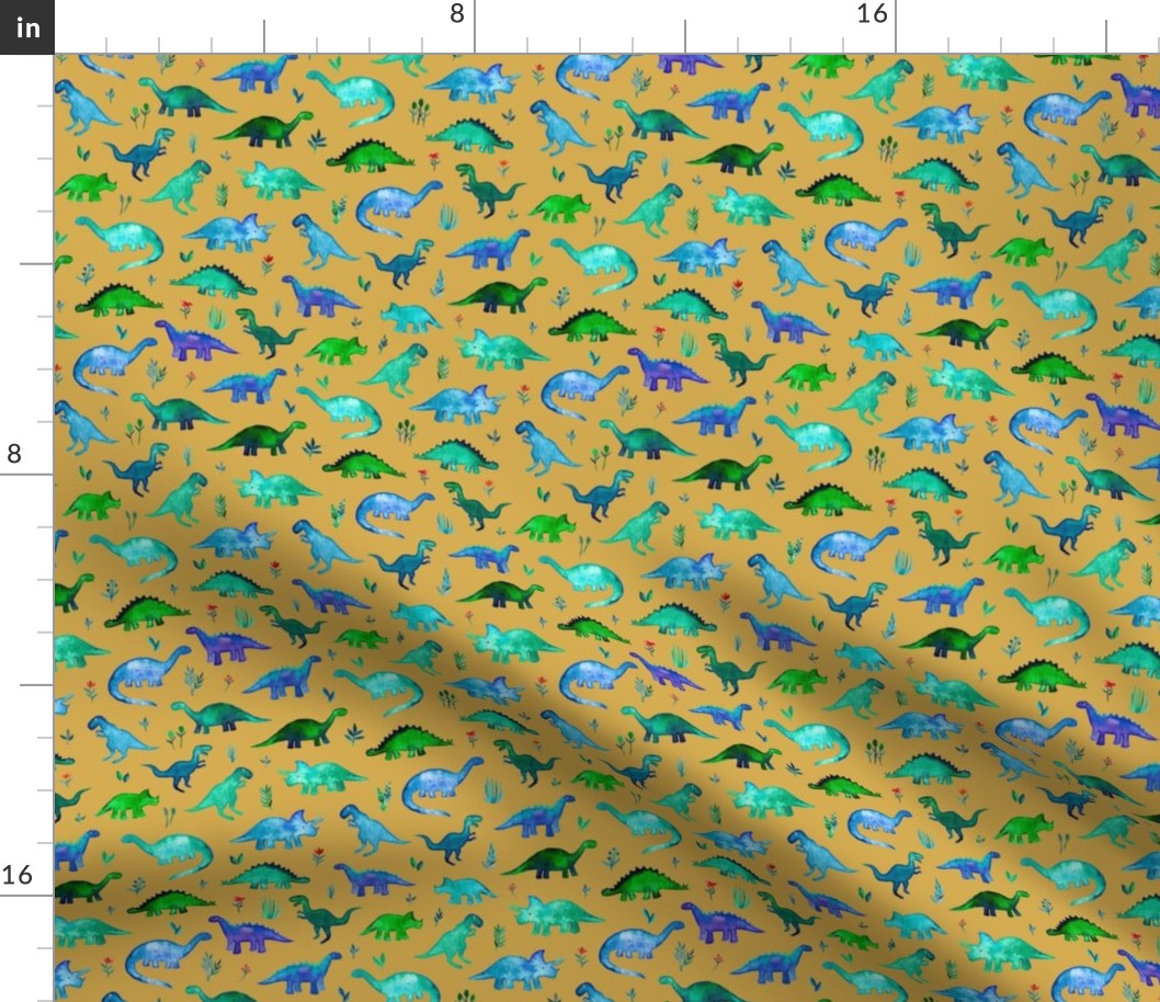 Tiny Dinos in Blue and Green on Mustard Small Print