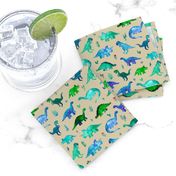 Tiny Dinos in Blue and Green on Tan Small Print