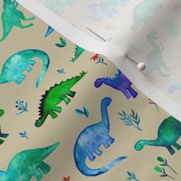 Tiny Dinos in Blue and Green on Tan Small Print