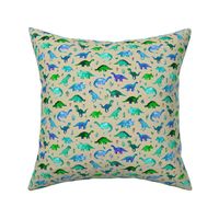 Tiny Dinos in Blue and Green on Tan Small Print