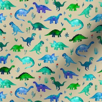 Tiny Dinos in Blue and Green on Tan Small Print