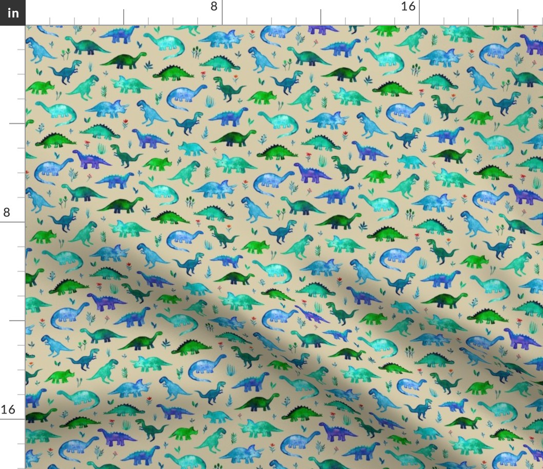 Tiny Dinos in Blue and Green on Tan Small Print