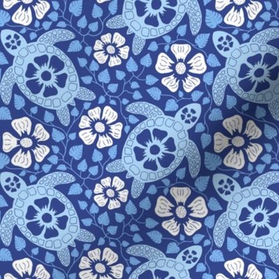 Hawaiian Turtles and Hibiscus (Blues, Medium size)