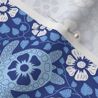 Hawaiian Turtles and Hibiscus (Blues, Medium size)