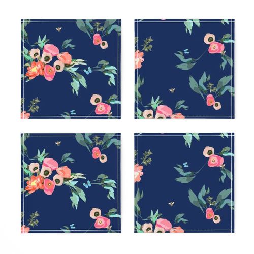 Pink Coral Blush Poppies Peonies on Navy  with Butterflies and Bees