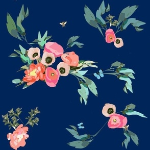 Pink Coral Blush Poppies Peonies on Navy  with Butterflies and Bees
