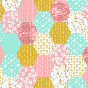 hexagon quilt // cheater quilt wholecloth cute retro flowers florals cheater quilt coral pink gold mint arrows sweet girls quilt