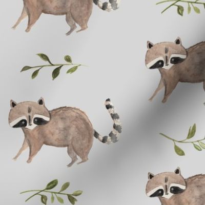 Watercolor Raccoon & Vines Grey Background