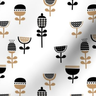 Scandinavian style retro large poppy flowers spring garden tulip black and white pastel beige ochre