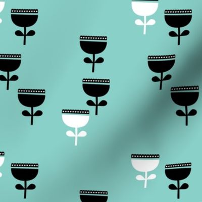 Scandinavian style retro large poppy flowers spring garden tulip black and white mint blue