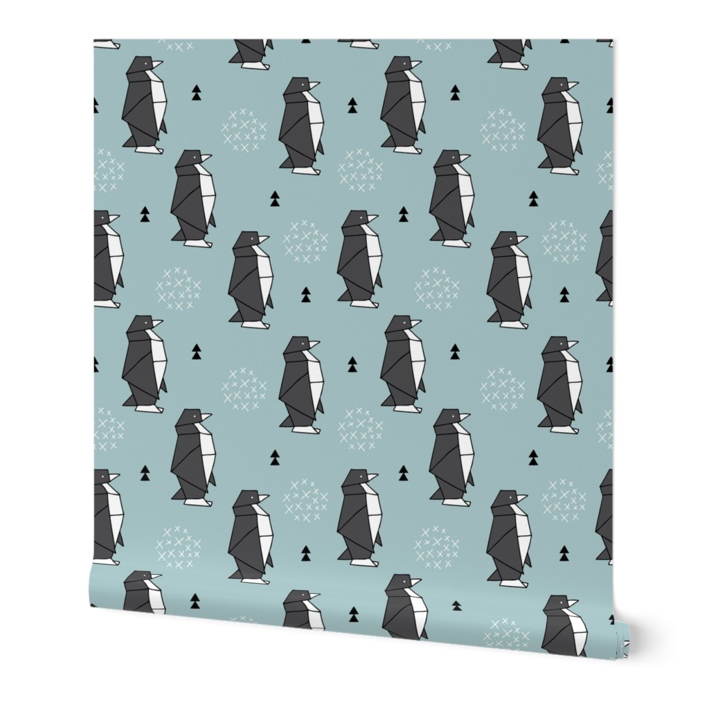 Origami animals cute ocean deep sea penguin geometric triangle and scandinavian style print black and white gray blue