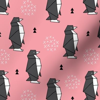 Origami animals cute ocean deep sea penguin geometric triangle and scandinavian style print black and white pink