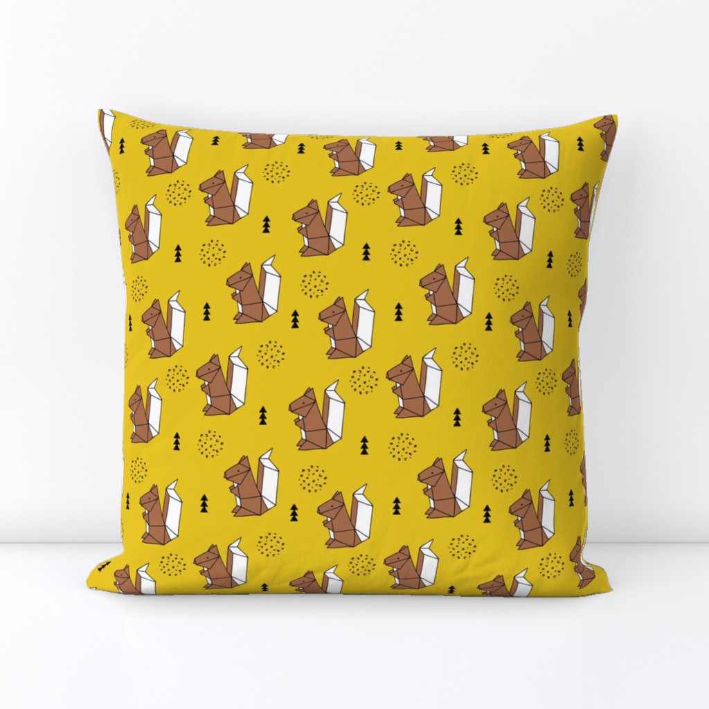 Origami woodland animals cute squirrel geometric triangle and scandinavian style print origami design mustard brown