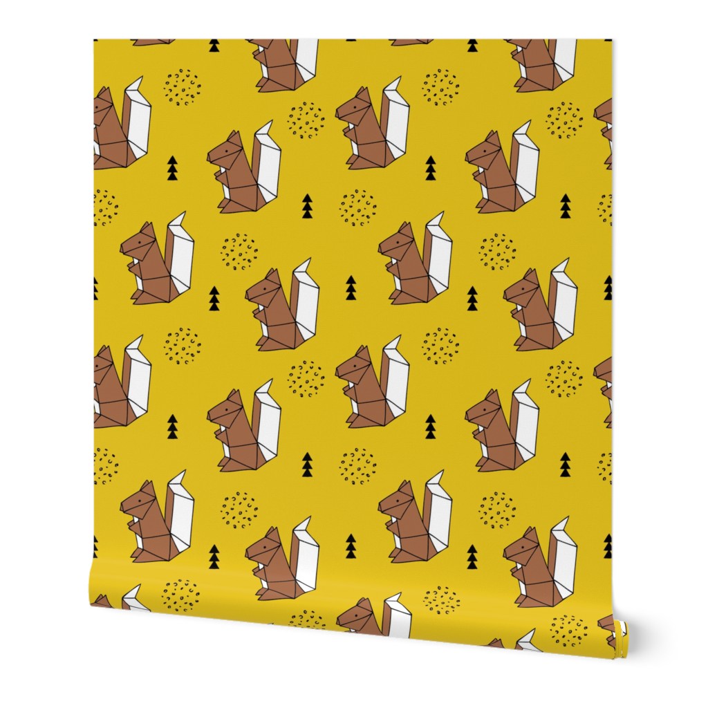 Origami woodland animals cute squirrel geometric triangle and scandinavian style print origami design mustard brown