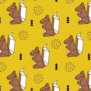 Origami woodland animals cute squirrel geometric triangle and scandinavian style print origami design mustard brown