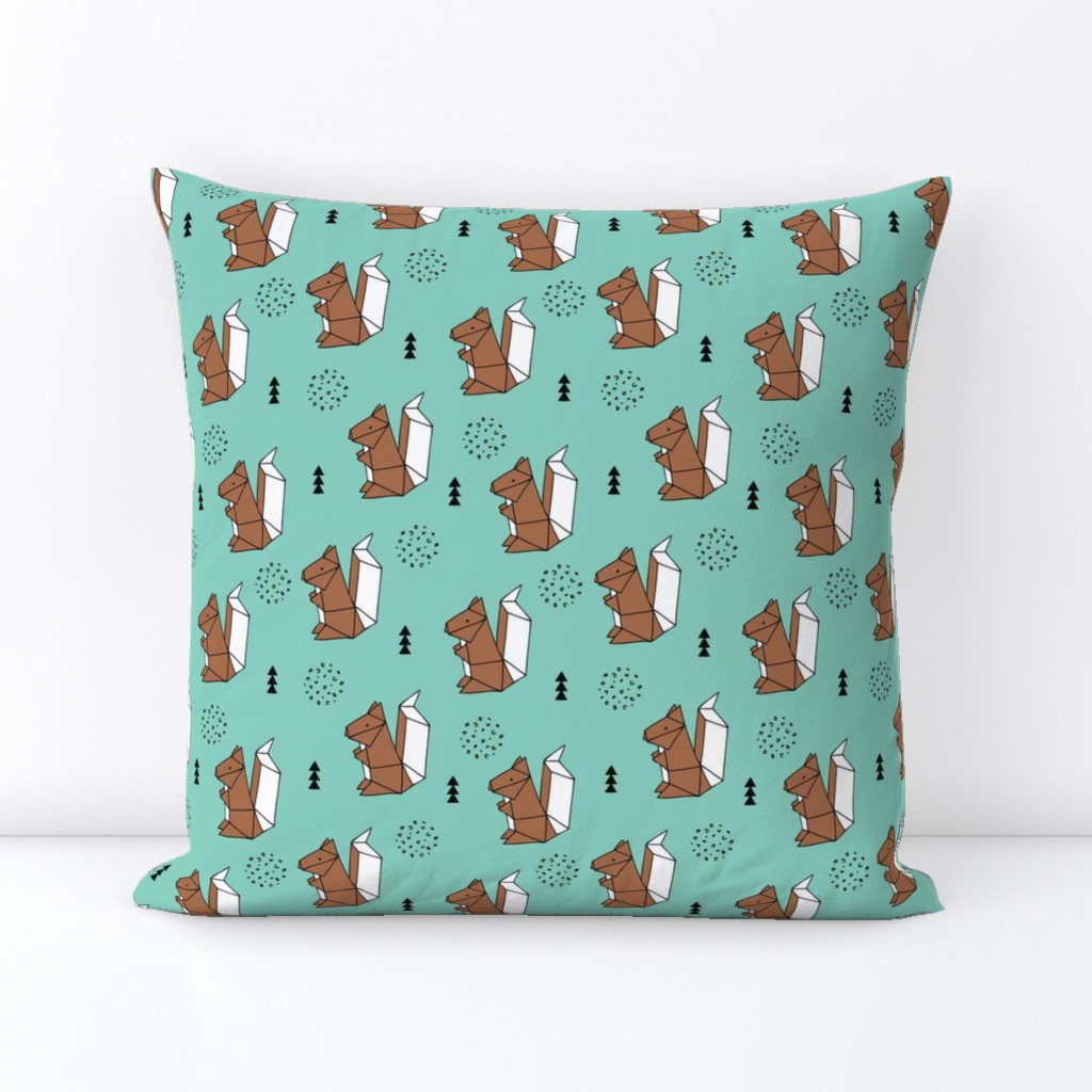 Origami woodland animals cute squirrel geometric triangle and scandinavian style print origami design mint blue brown