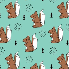 Origami woodland animals cute squirrel geometric triangle and scandinavian style print origami design mint blue brown