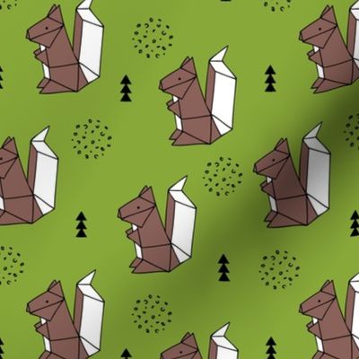 Origami woodland animals cute squirrel geometric triangle and scandinavian style print origami design green brown